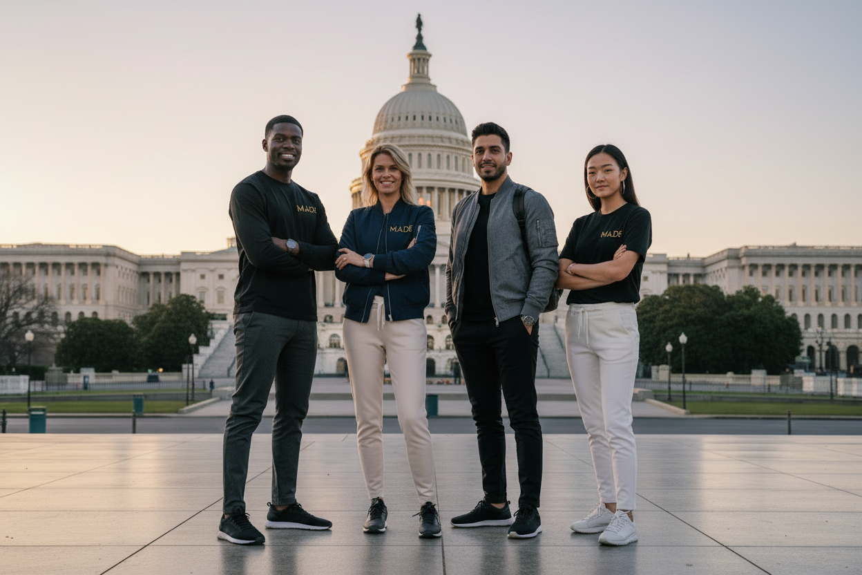 Diverse group in M.A.D.E sports business casual attire with Washington DC backdrop